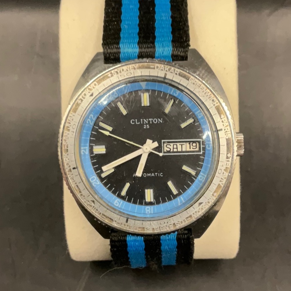 Vintage Clinton 25 Jewel Automatic Swiss Diver/World Timer Mens Watch